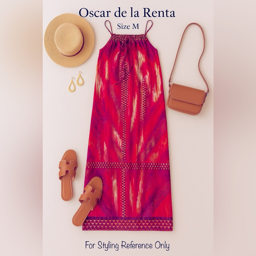 Oscar de la Renta Dress | Size M | Magenta Mosaic Print | Smocked Halter Maxi